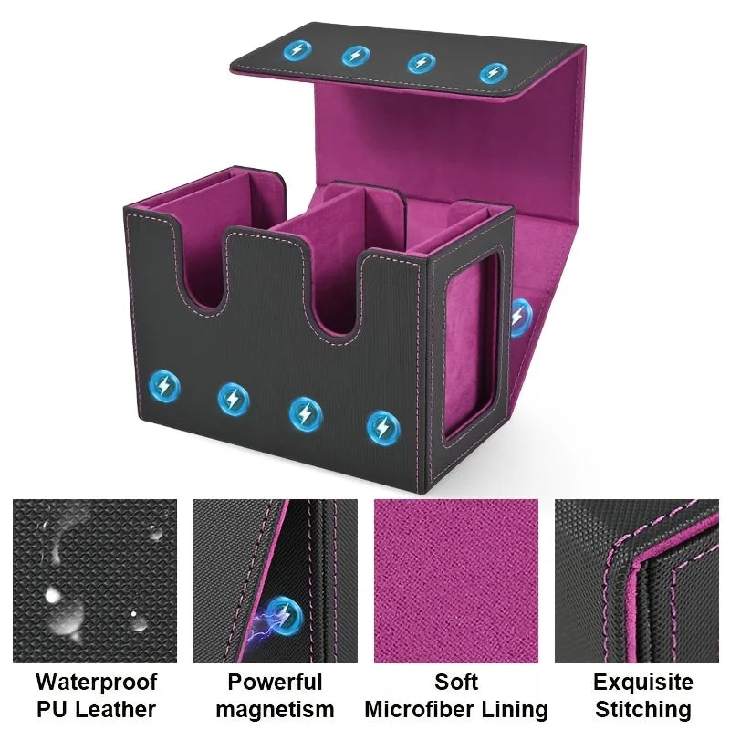 Luxury Leather Deck Box , Waterproof Double Deck Storage for 200+ Double-Sleeved Cards, Magnetic Closure Trading Card Organizer