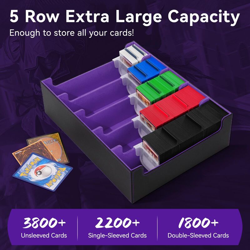 3800+ Capacity Card Storage Box. Includes 20 Dividers, 5 Supporters, Leather Magnetic Closure. Great for YuGiOh & MTG Cards.