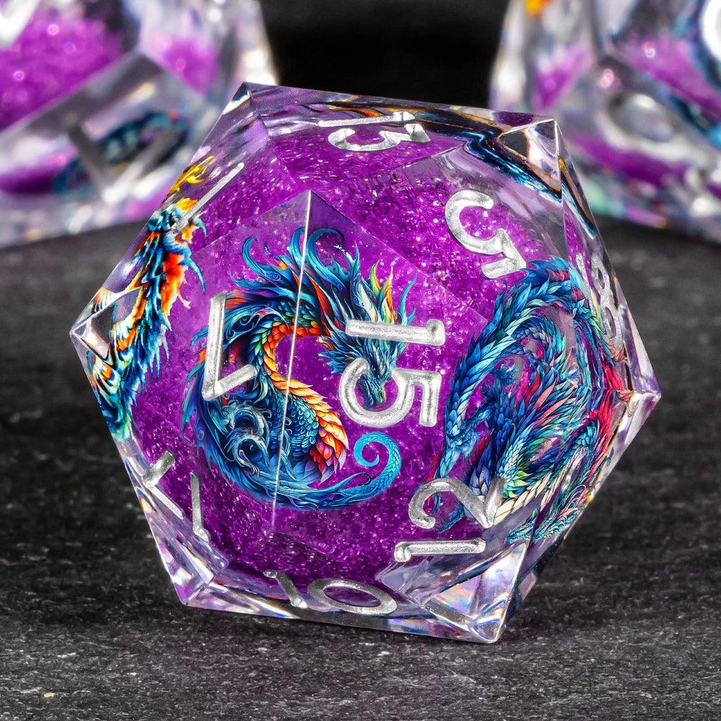 DND Dragon Liquid Core Dice Set, 7Pcs Sharp Edge Dice Set Dungeon and Dragon, Purple Handmade Resin D&D Dice for Role Playing