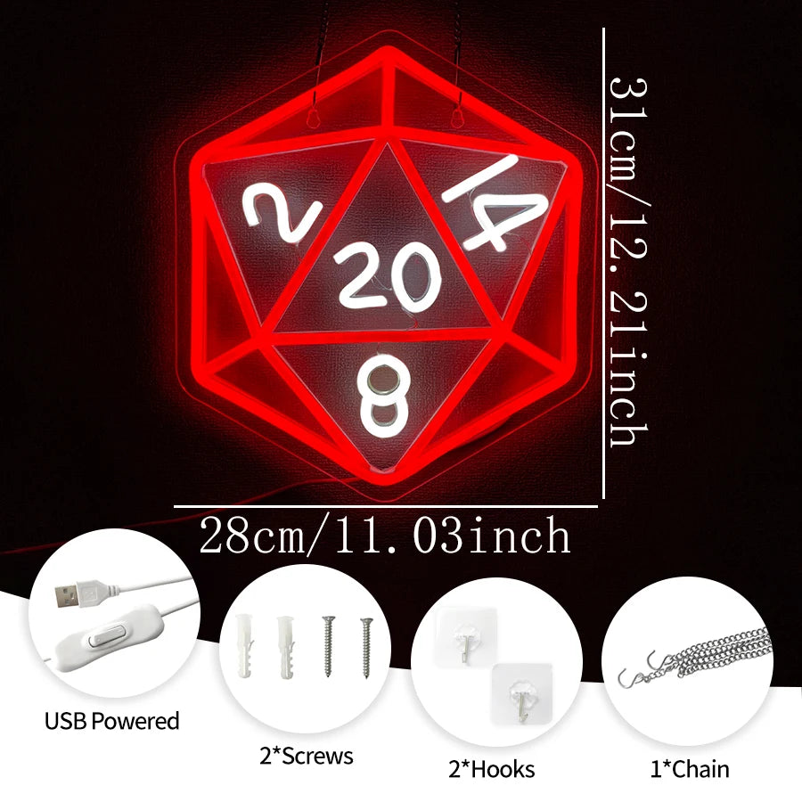 Dice Led Neon Sign, Dungeons And Dragon Dice Game Signs, Used For Role Playing, Bars, Men'S Caves, Club Wall Decorations.