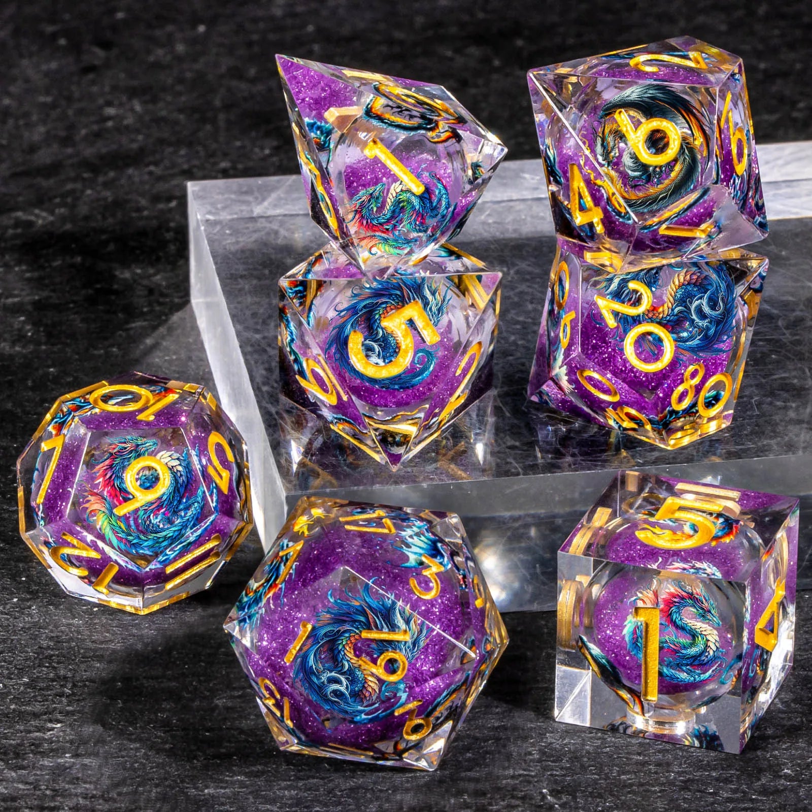 DND Dragon Liquid Core Dice Set, 7Pcs Sharp Edge Dice Set Dungeon and Dragon, Purple Handmade Resin D&D Dice for Role Playing