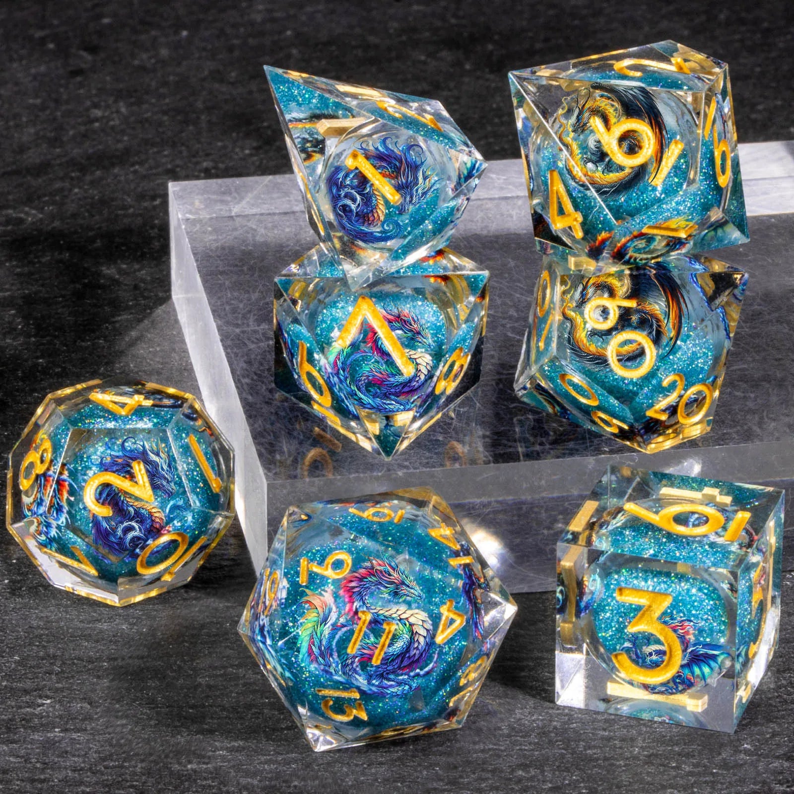 DND Dragon Liquid Core Dice Set, 7Pcs Sharp Edge Dice Set Dungeon and Dragon, Purple Handmade Resin D&D Dice for Role Playing