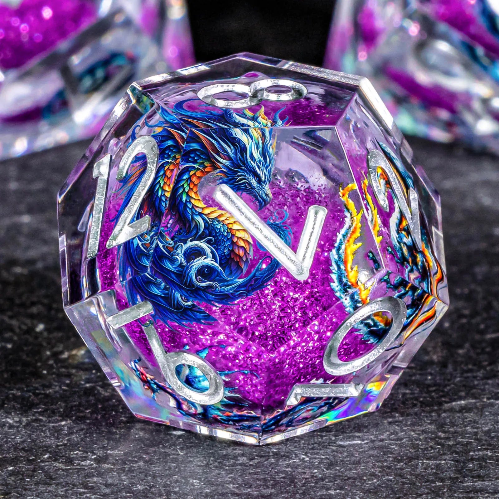 DND Dragon Liquid Core Dice Set, 7Pcs Sharp Edge Dice Set Dungeon and Dragon, Purple Handmade Resin D&D Dice for Role Playing