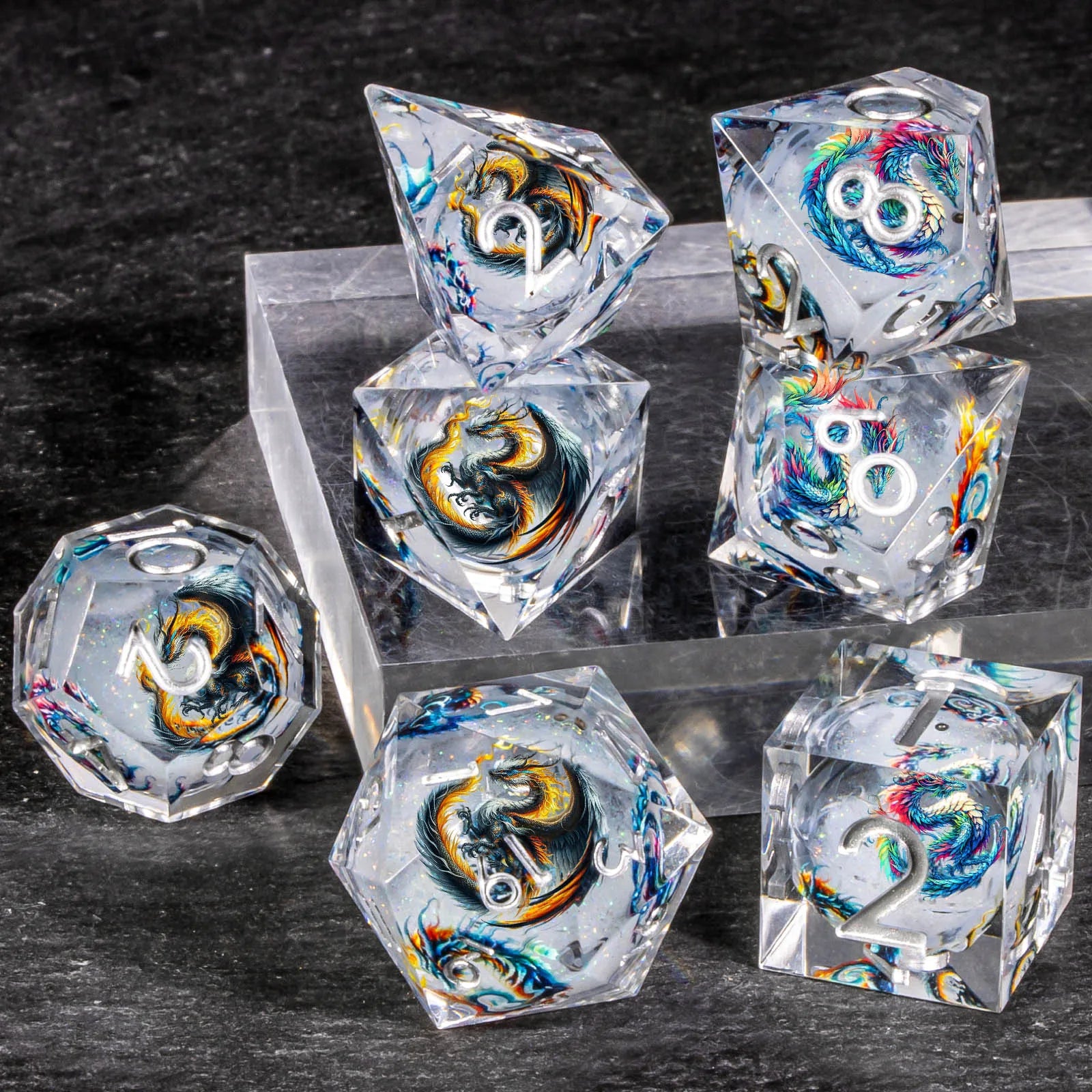 DND Dragon Liquid Core Dice Set, 7Pcs Sharp Edge Dice Set Dungeon and Dragon, Purple Handmade Resin D&D Dice for Role Playing