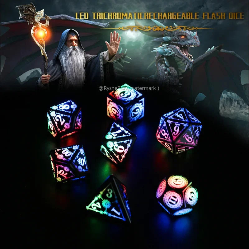 LED Dice Set for Dungeon and Dragon Cool DND Dice with Charging Box Rechargeable 7 Color Polyhedral Role Playing Dice