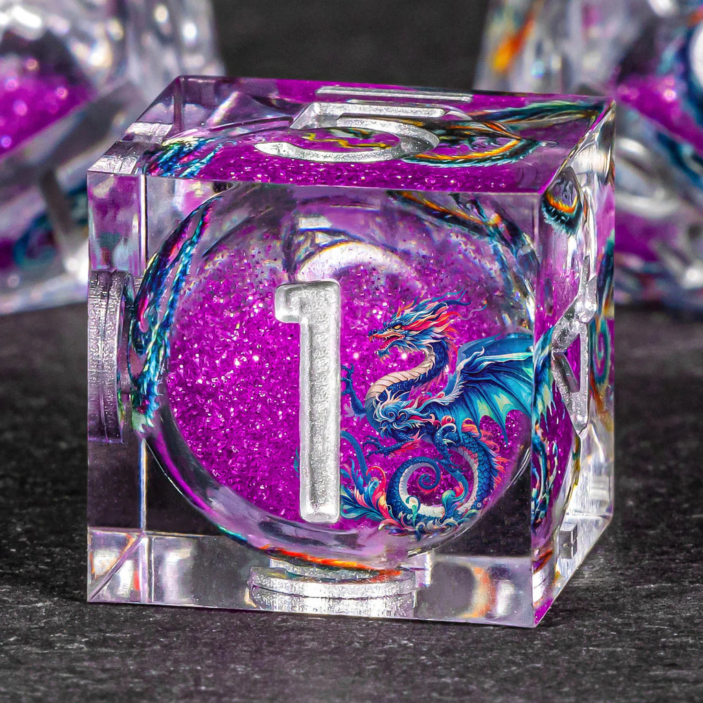 DND Dragon Liquid Core Dice Set, 7Pcs Sharp Edge Dice Set Dungeon and Dragon, Purple Handmade Resin D&D Dice for Role Playing