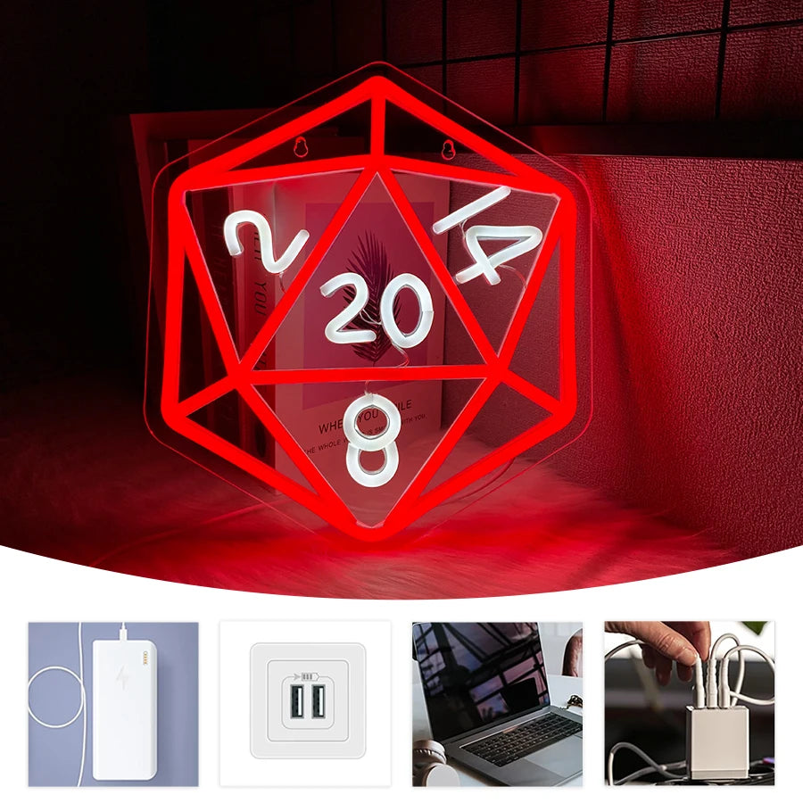Dice Led Neon Sign, Dungeons And Dragon Dice Game Signs, Used For Role Playing, Bars, Men'S Caves, Club Wall Decorations.
