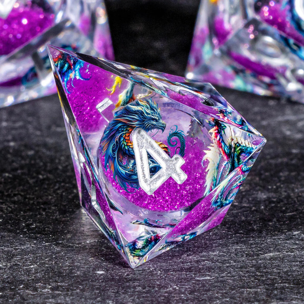 DND Dragon Liquid Core Dice Set, 7Pcs Sharp Edge Dice Set Dungeon and Dragon, Purple Handmade Resin D&D Dice for Role Playing