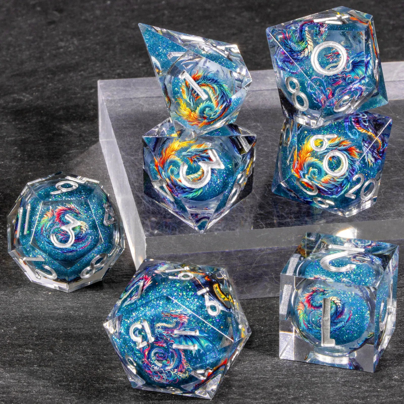 DND Dragon Liquid Core Dice Set, 7Pcs Sharp Edge Dice Set Dungeon and Dragon, Purple Handmade Resin D&D Dice for Role Playing