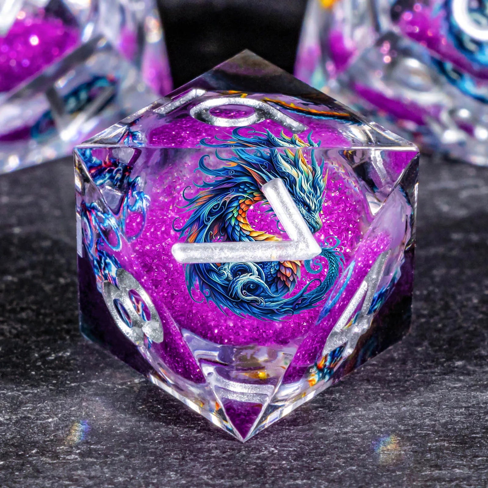 DND Dragon Liquid Core Dice Set, 7Pcs Sharp Edge Dice Set Dungeon and Dragon, Purple Handmade Resin D&D Dice for Role Playing