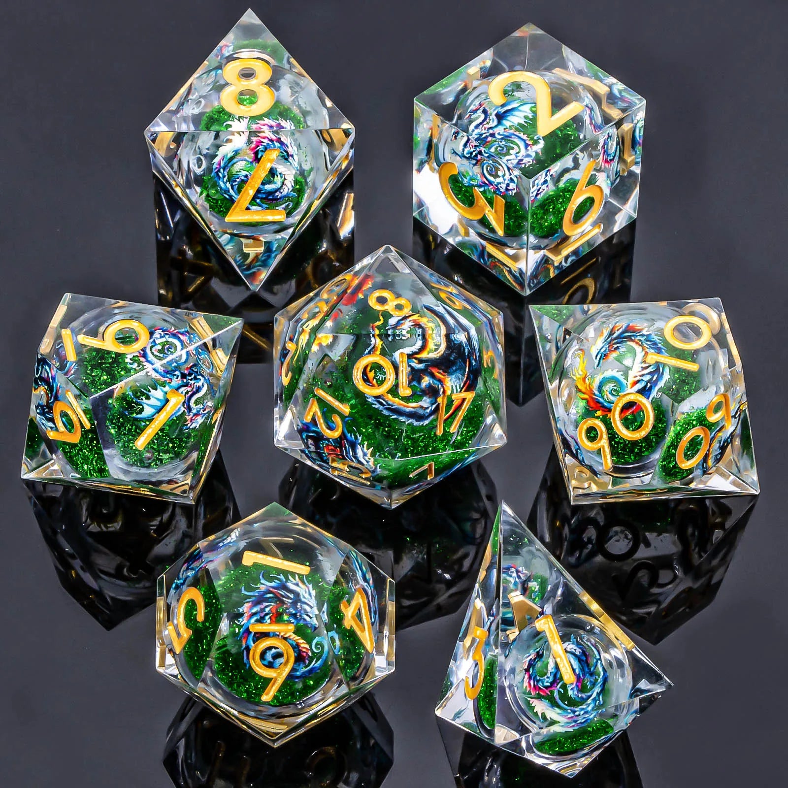 DND Dragon Liquid Core Dice Set, 7Pcs Sharp Edge Dice Set Dungeon and Dragon, Purple Handmade Resin D&D Dice for Role Playing