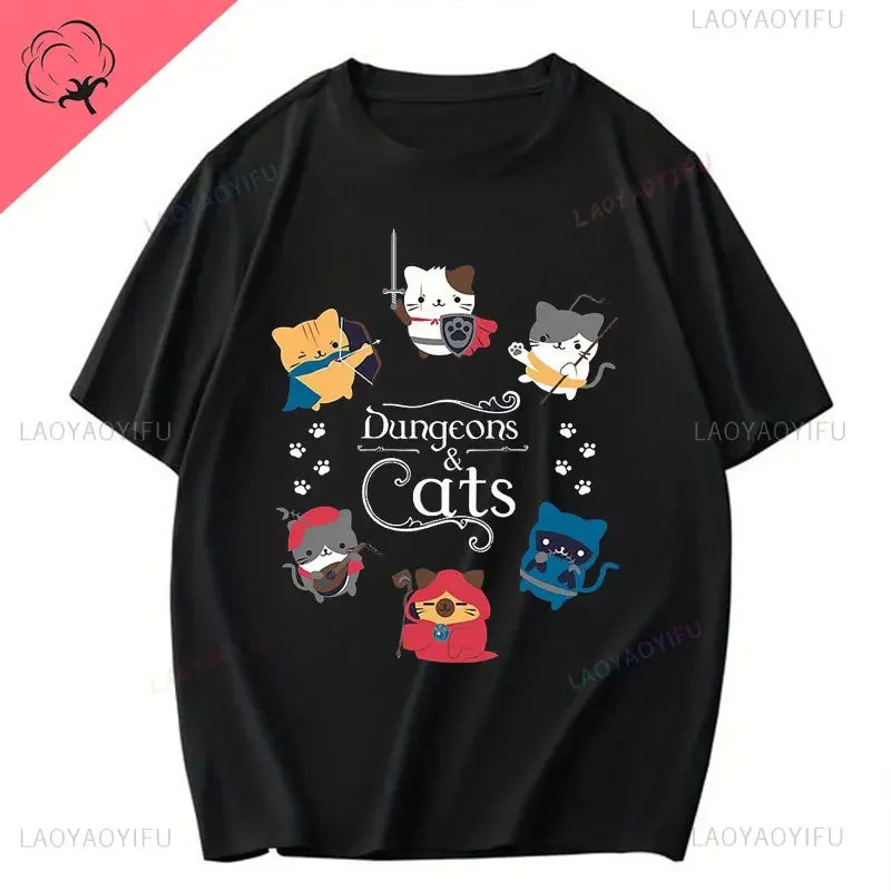 DND Printed T Shirt The Dice Giveth and The Dice Taketh Cats Adventurers Fantasy RPG Role Playing Tabletop Games Cotton T-Shirt
