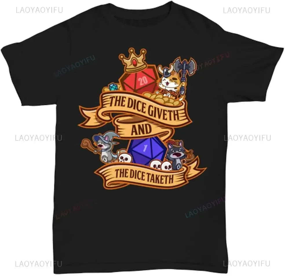 DND Printed T Shirt The Dice Giveth and The Dice Taketh Cats Adventurers Fantasy RPG Role Playing Tabletop Games Cotton T-Shirt