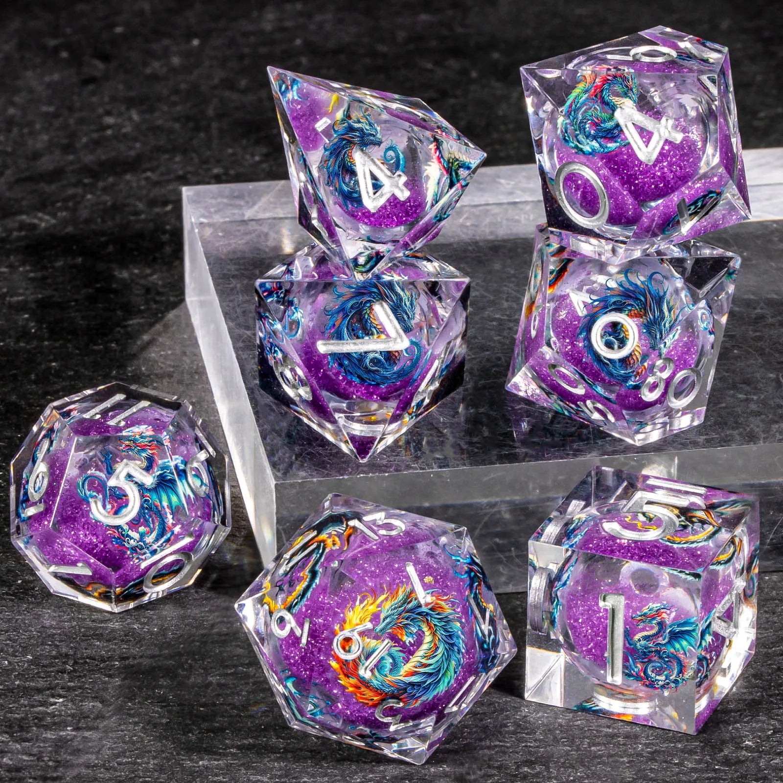 DND Dragon Liquid Core Dice Set, 7Pcs Sharp Edge Dice Set Dungeon and Dragon, Purple Handmade Resin D&D Dice for Role Playing